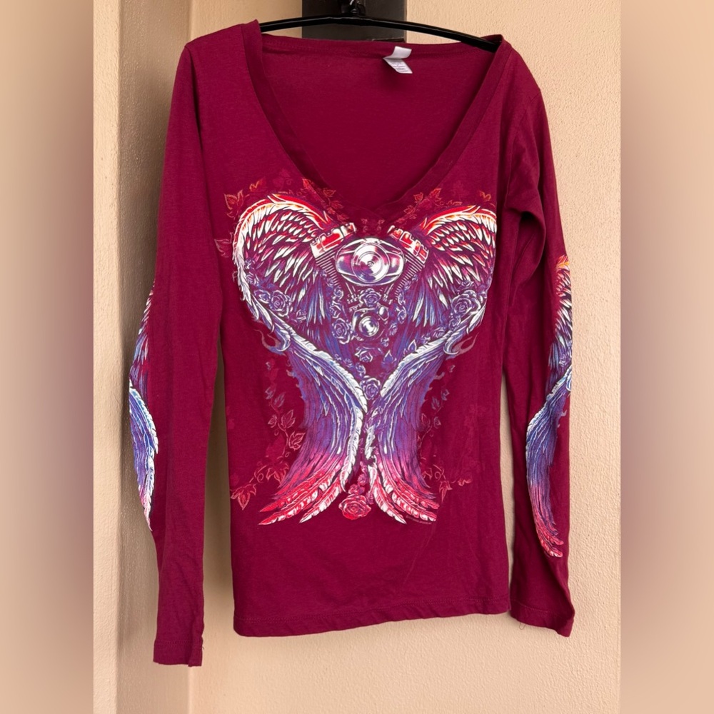 Hot Leathers Womens 3/4 Sleeve Shirt Heart Feathers Purple V-Neck Cotton Medium